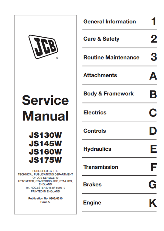 JCB JS130W, JS145W, JS160W, JS175W Service Manual 9803/6310 PDF