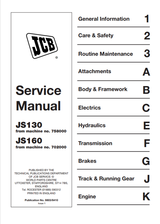 JCB JS130, JS160 Service Manual 9803/6410 PDF