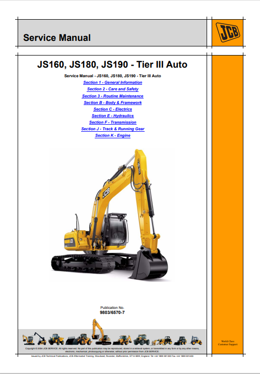 JCB JS160, JS180, JS190 Tier III Auto Service Manual 9803/6570-7 PDF
