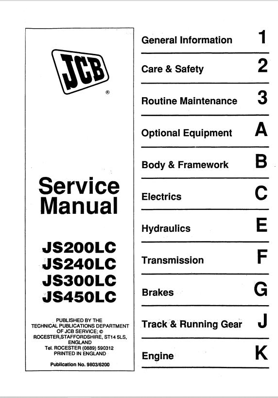 JCB JS200LC, JS240LC, JS300LC, JS450LC Service Manual 9803/6200 PDF