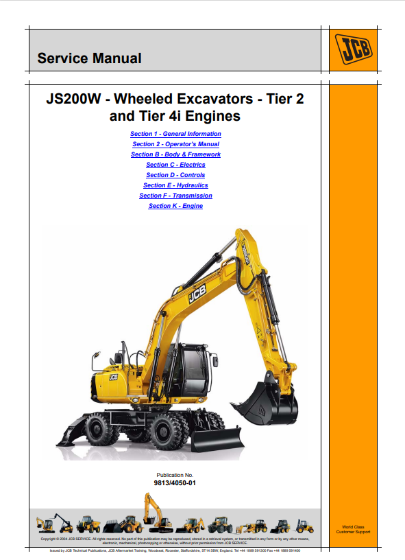 JCB JS200W Wheeled Excavators Tier 2 and Tier 4i Engine Service Manual 9813/4050-01 PDF