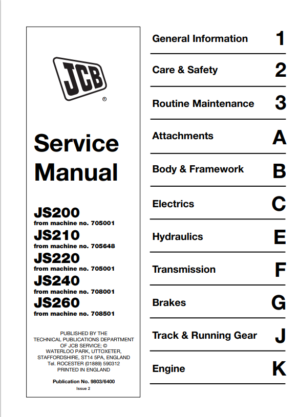 JCB JS200, JS210, JS220, JS240, JS260 Service Manual 9803/6400 PDF