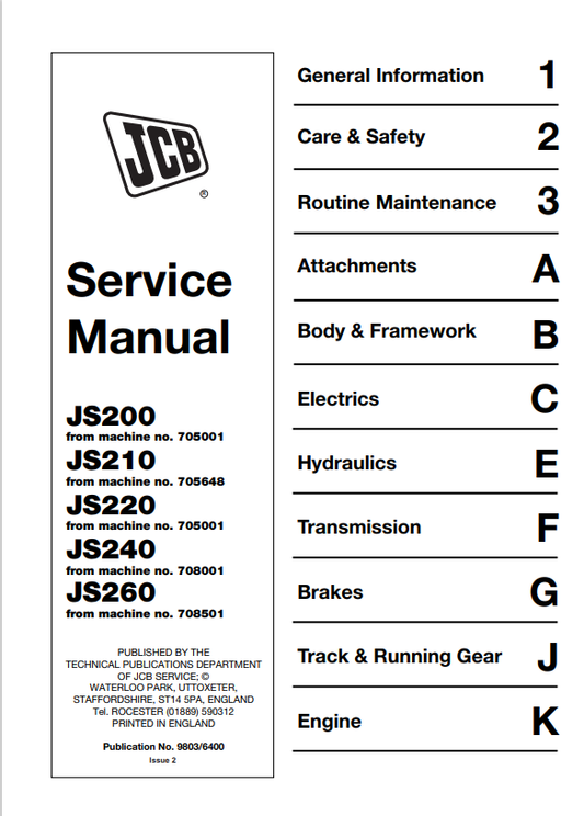 JCB JS200, JS210, JS220, JS240, JS260 Service Manual 9803/6400 PDF
