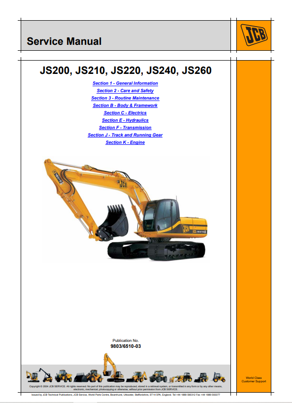 JCB JS200, JS210, JS220, JS240, JS260 Service Manual 9803/6510-03 PDF
