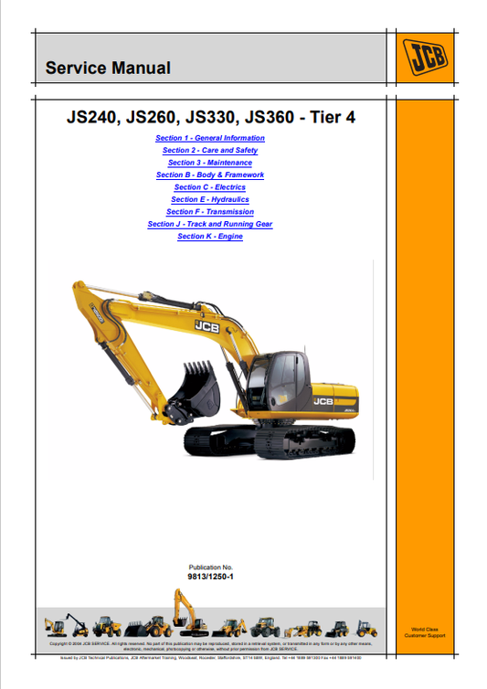 JCB JS240, JS260, JS330, JS360 Tier 4 Service Manual 9813/1250-1 PDF