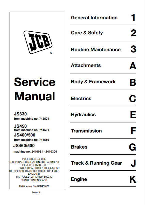 JCB JS330, JS450, JS460,500, JS460,500 Service Manual 9803/6420 PDF