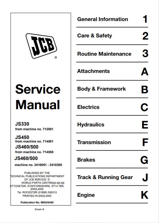 JCB JS330, JS450, JS460,500, JS460,500 Service Manual 9803/6420 PDF