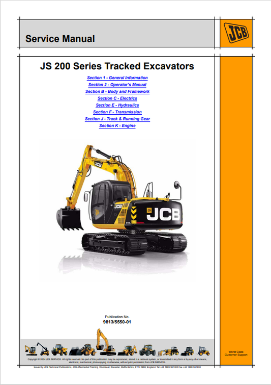 JCB JS 200 Series Tracked Excavator Service Manual 9813/5550-01 PDF