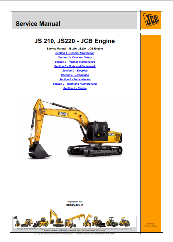 JCB JS 210, JS220 Engine Service Manual 9813/2400-2 PDF