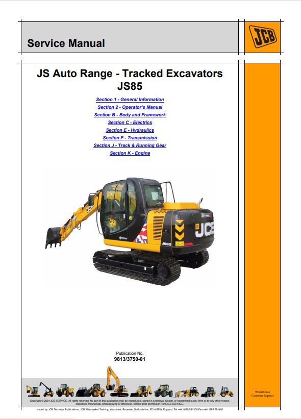 JCB JS Auto Range Tracked Excavator JS85 Service Manual 9813/3750-01 PDF
