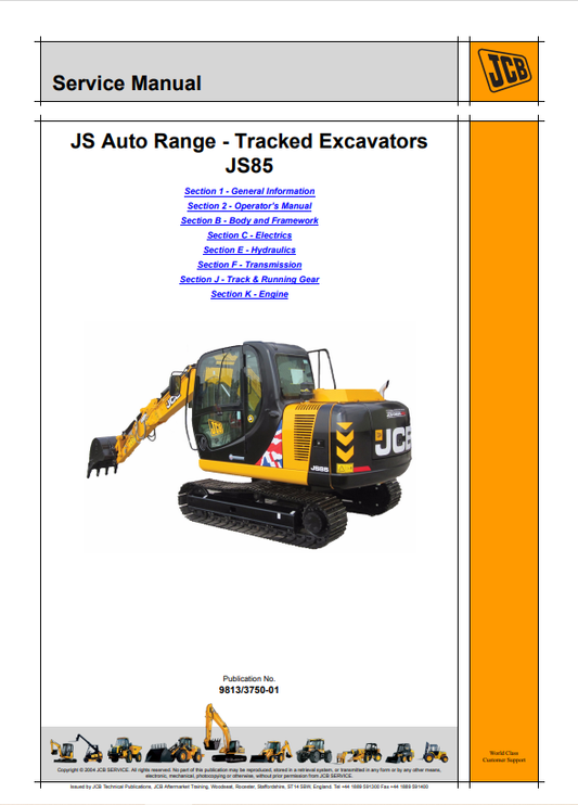 JCB JS Auto Range Tracked Excavator JS85 Service Manual 9813/3750-01 PDF
