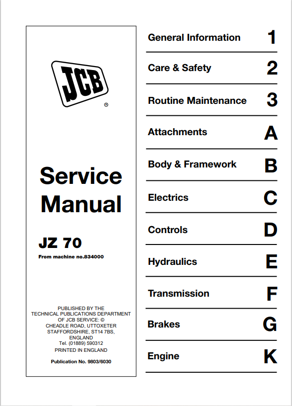 JCB JZ 70 Service Manual 9803/6030 PDF