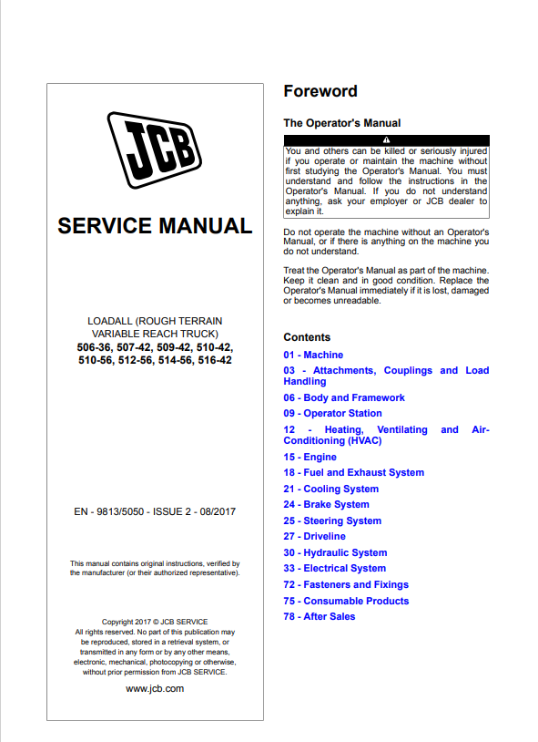 JCB Loadall 506-36, 507-42, 509-42, 510-42, 510-56, 512-56, 514-56, 516-42 Service Manual 9813/5050 PDF