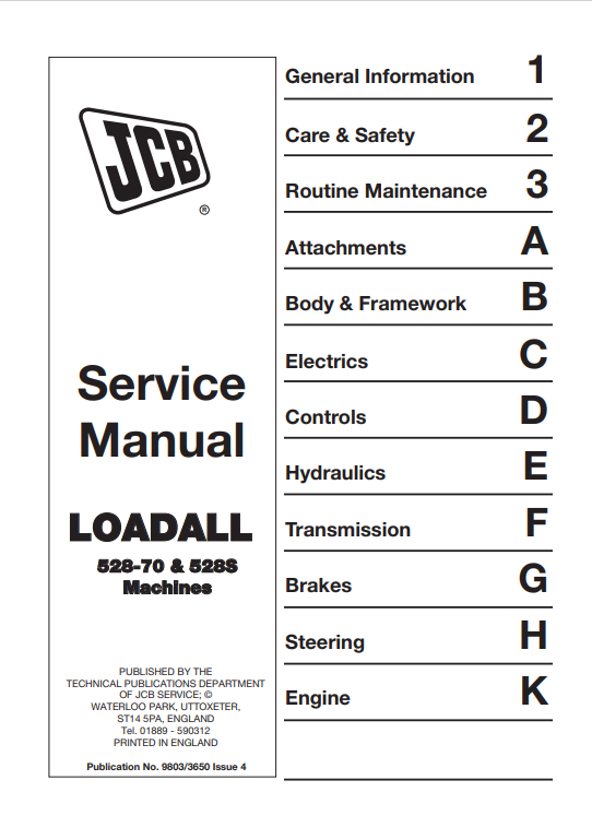 JCB Loadall 528,70 and 528S Machines Service Manual 9803/3650 PDF