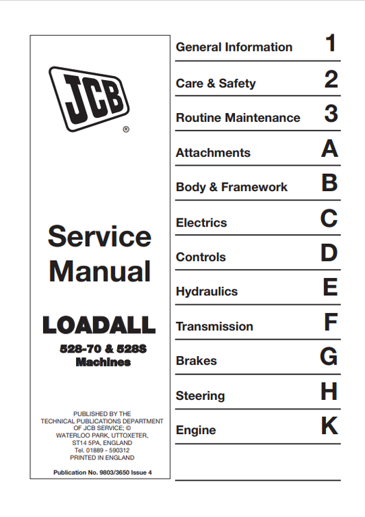 JCB Loadall 528,70 and 528S Machines Service Manual 9803/3650 PDF