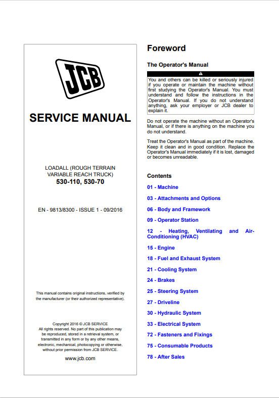 JCB Loadall 530-110, 530-70 Service Manual 9813/8300 PDF