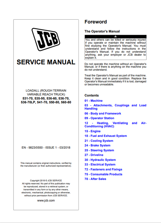 JCB Loadall 531-70, 535-95, 536-60, 536-70, 536-70LP, 541-70, 550-80, 560-80 Service Manual 9823/0550 PDF