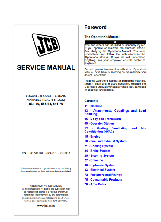 JCB Loadall 531-70, 535-95, 541-70 Service Manual 9813/9050 PDF