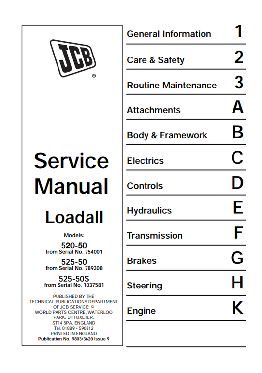 JCB Loadall Range 520-50, 525-50, 525-50S Service Manual 9803/3620 PDF