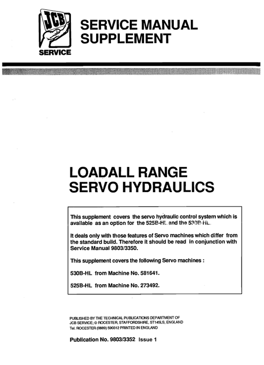 JCB Loadall Range Servo Hydraulics 525B-HL, 530B-HL Service Manual 9803/3352 PDF