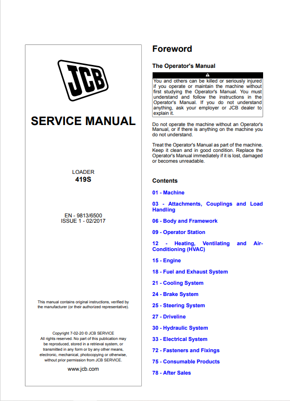 JCB Loader 419S Service Manual 9813/6500 PDF