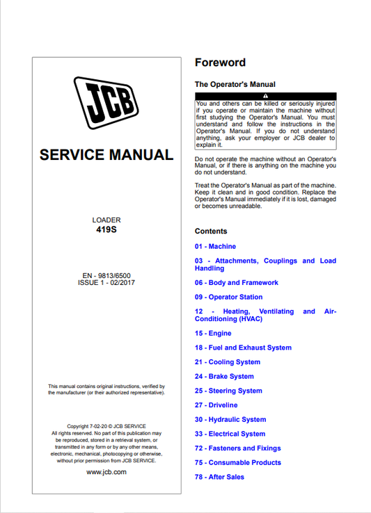 JCB Loader 419S Service Manual 9813/6500 PDF