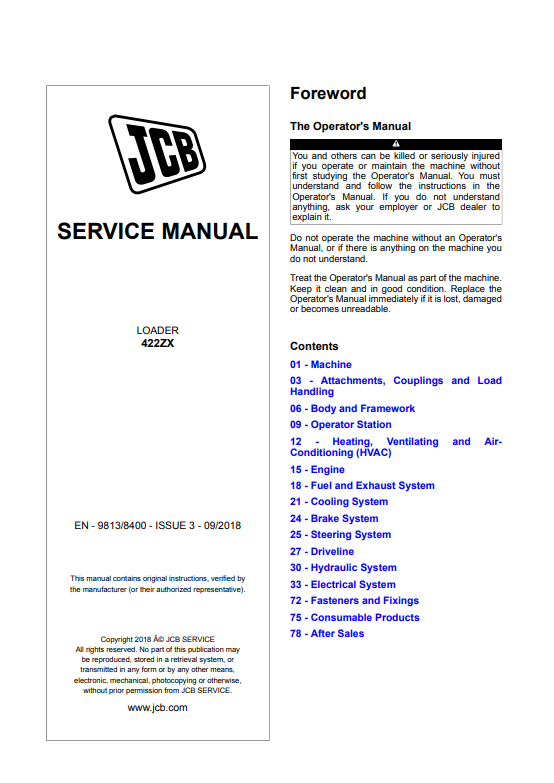JCB Loader 422ZX Service Manual 9813/8400 PDF