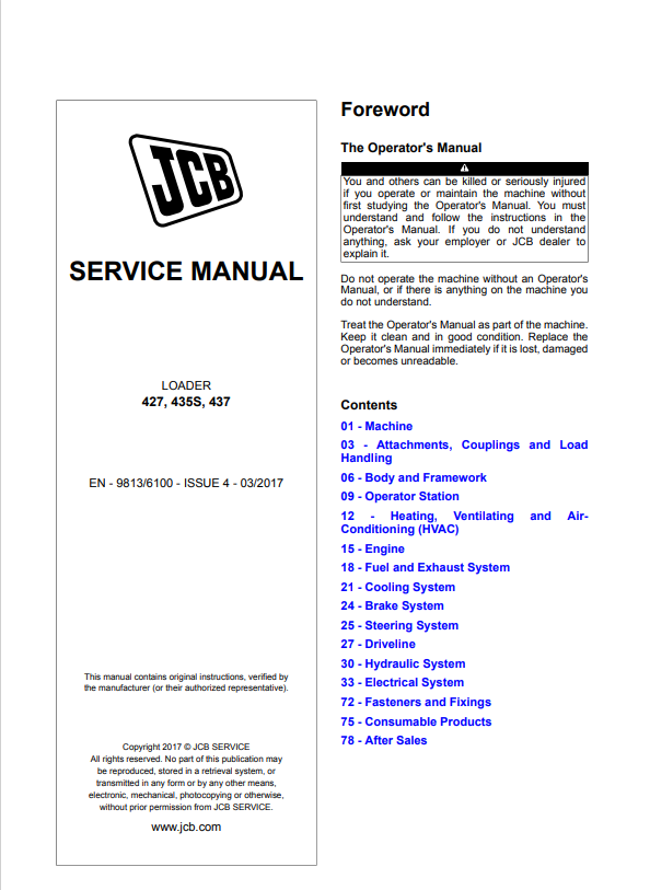JCB Loader 427, 435S, 437 Service Manual 9813/6100 PDF