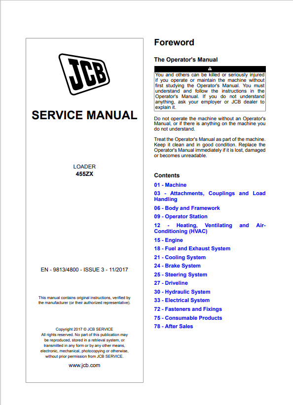 JCB Loader 455ZX Service Manual 9813/4800 PDF