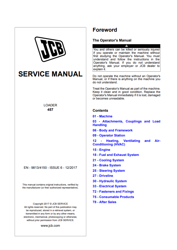 JCB Loader 457 Service Manual 9813/4150 PDF