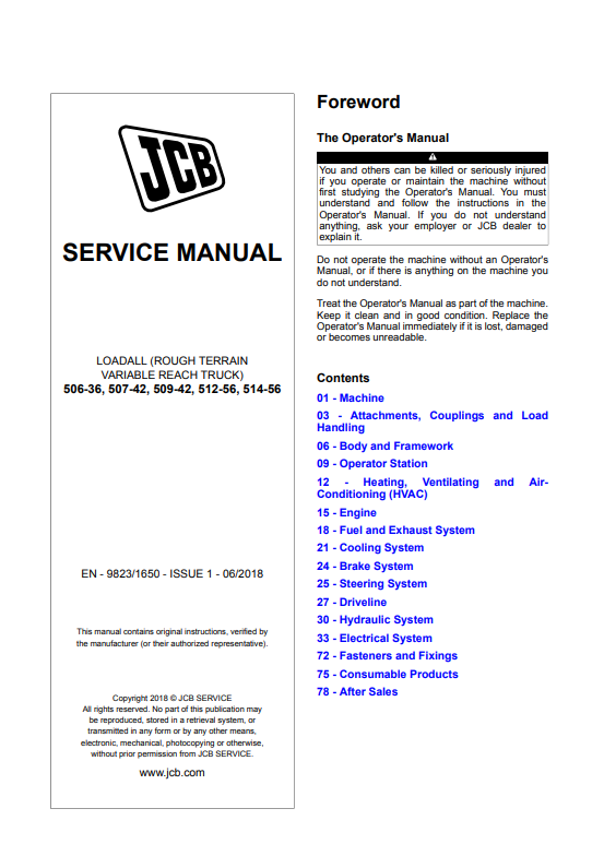 JCB Lodall 506-36, 507-42, 509-42, 512-56, 514-56 Service Manual 9823/1650 PDF