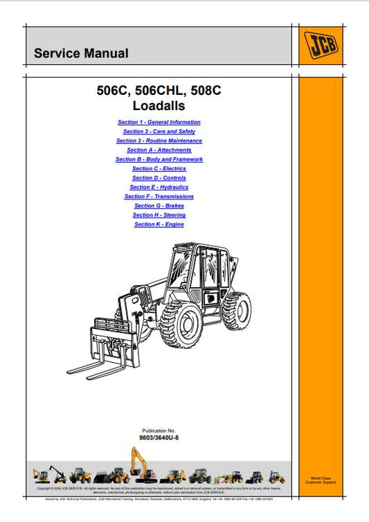 JCB Lodall 506C, 506CHL, 508C Service Manual 9803/3640U-8 PDF