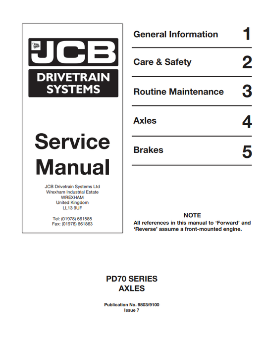 JCB PD70 Series Axle Service Manual 9803/9100 PDF