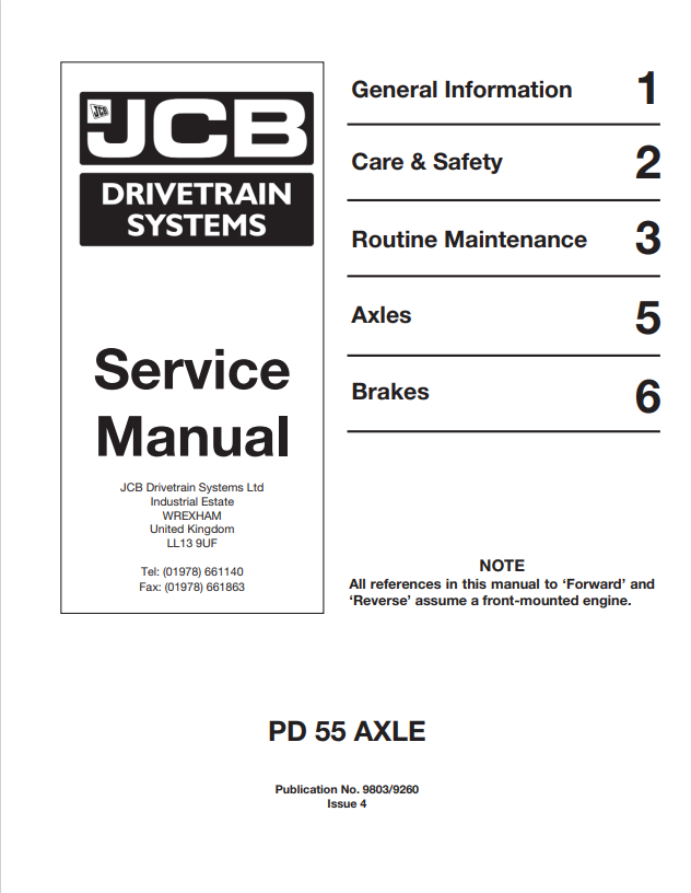 JCB PD 55 Axle Service Manual 9803/9260 PDF