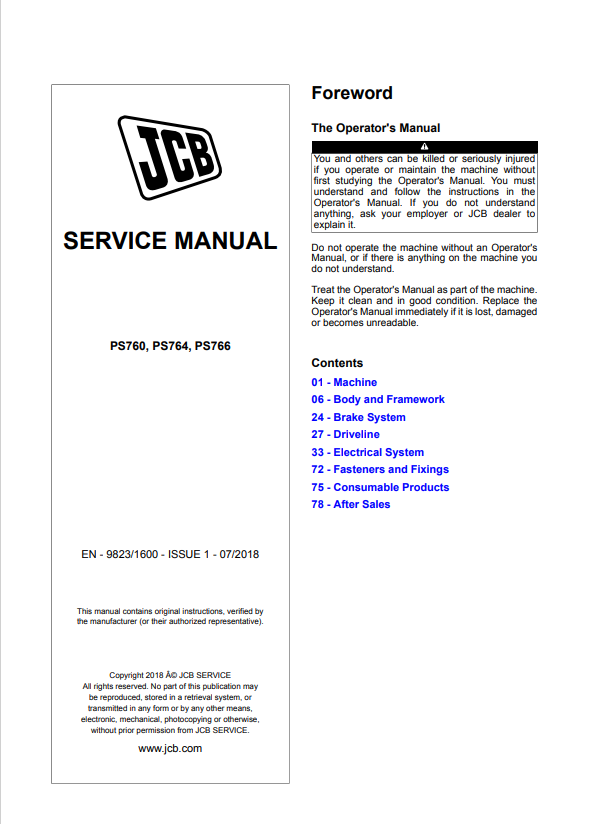 JCB PS760, PS764, PS766 Service Manual 9823/1600 PDF