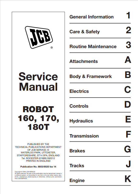 JCB Robot 160, 170, 180T Service Manual 9803/8520 PDF