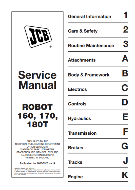 JCB Robot 160, 170 and 180T Service Manual 9803/9450-1 PDF
