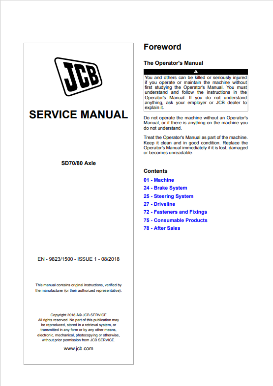 JCB SD70, SD80 Axle Service Manual 9823/1500 PDF