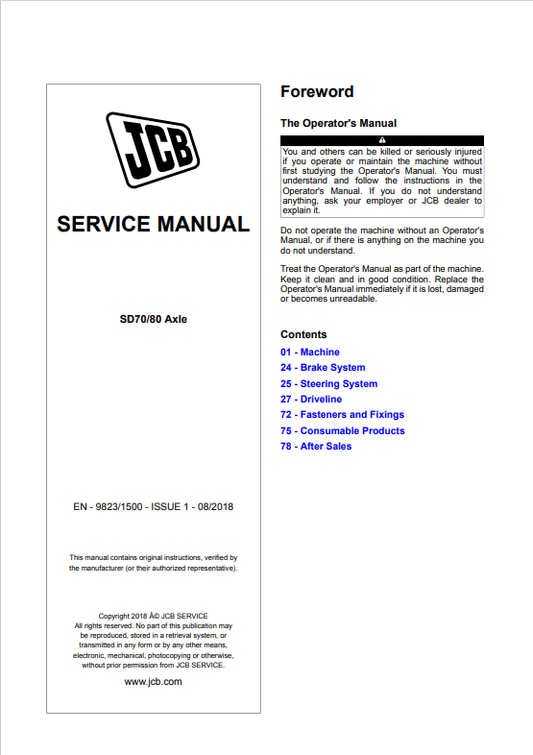 JCB SD70, SD80 Axle Service Manual 9823/1500 PDF