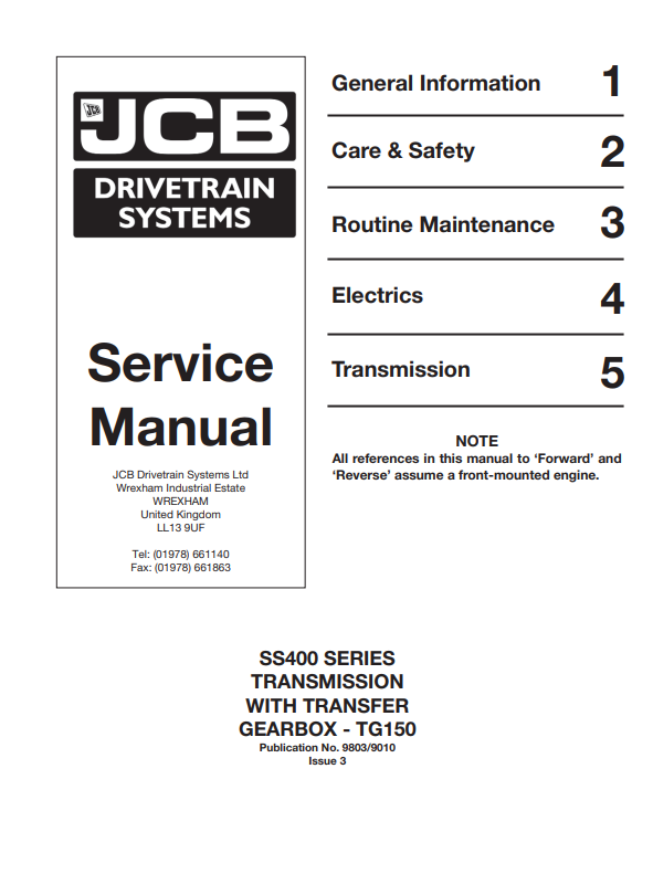 JCB SS400 Series Transmission With Transfer Gearbox TG150 Service Manual 9803/9010 PDF