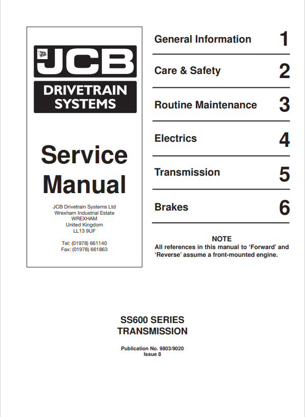 JCB SS600 Series Transmission Service Manual 9803/9020 PDF