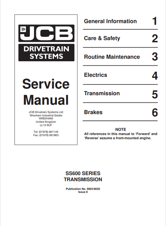 JCB SS600 Series Transmission Service Manual 9803/9020 PDF
