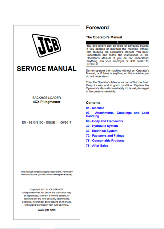 JCB Skid Backhoe Loader 4CX Pilingmaster Service Manual 9813/8100 PDF