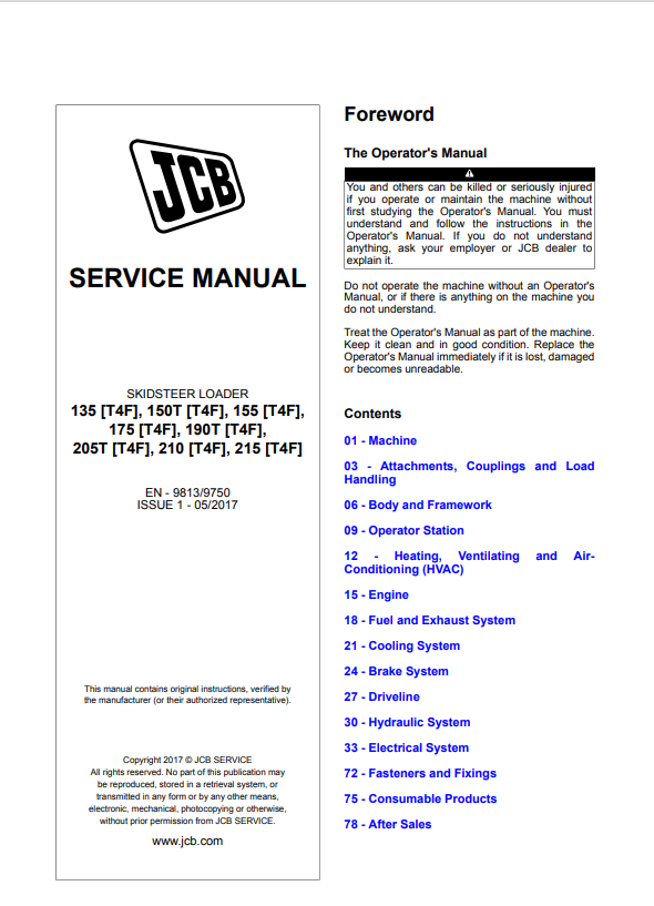 JCB Skid Steer Loader 135 [T4F], 150T [T4F], 155 [T4F],175 [T4F], 190T [T4F],205T [T4F], 210 [T4F], 215 [T4F] Service Manual 9813/9750 PDF