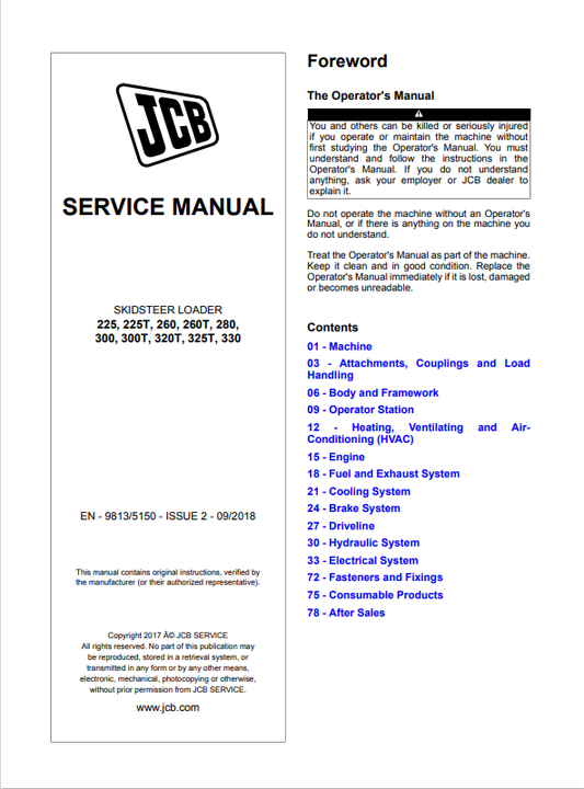JCB Skid Steer Loader 225, 225T, 260, 260T, 280, 300, 300T, 320T, 325T, 330 Service Manual 9813/5150 PDF