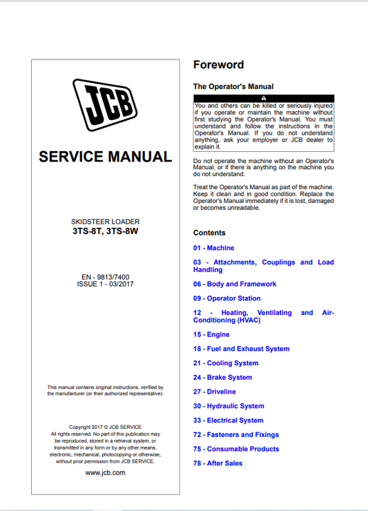 JCB Skid Steer Loader 3TS-8T, 3TS-8W Service Manual 9813/7400 PDF