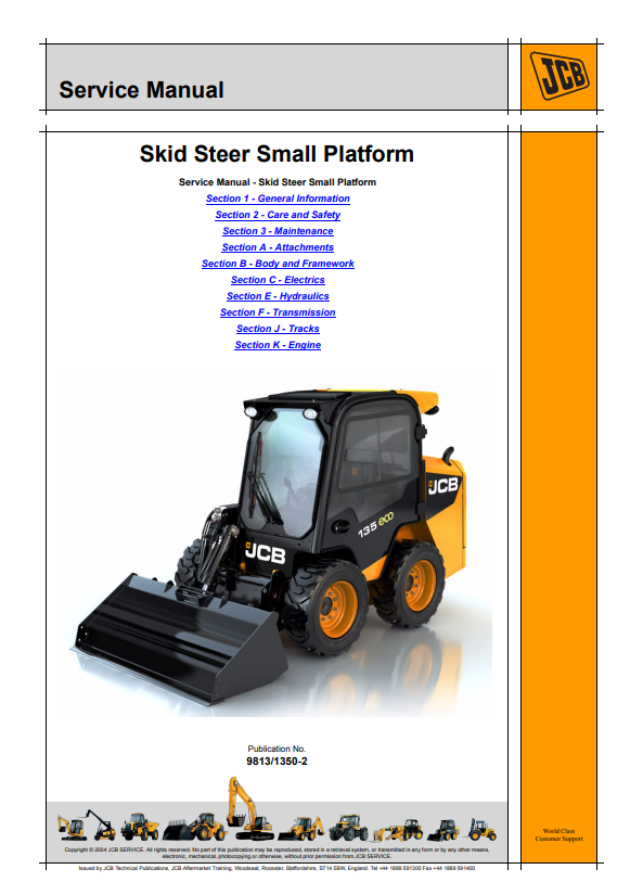 JCB Skid Steer Small Platform 135, 155, 175, 190, 205, 150T, 190T, 205T Service Manual 9813/1350-2 PDF