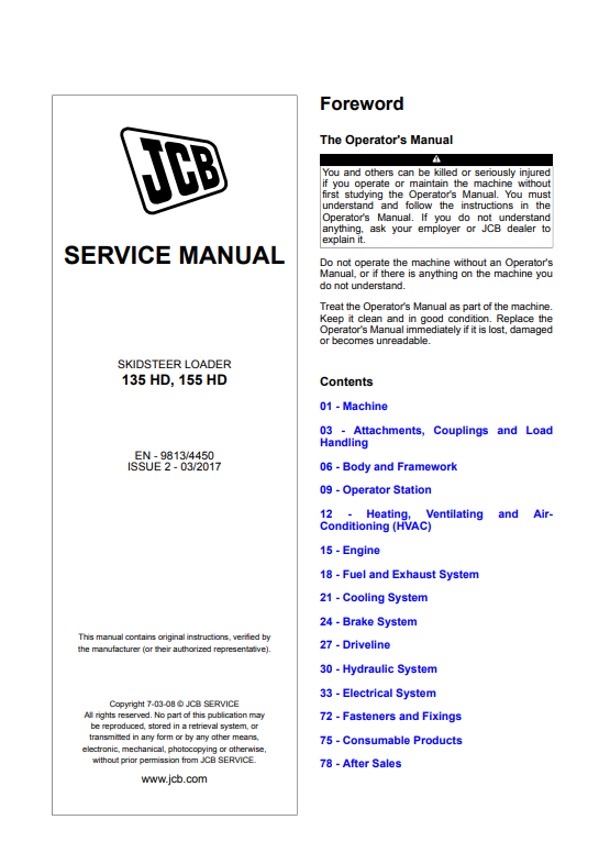 JCB Skidsteer Loader 135 HD, 155 HD Service Manual 9813/4450 PDF