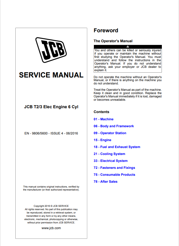 JCB T2, T3 Elec Engine 6 Cyl Service Manual 9806/5600 PDF