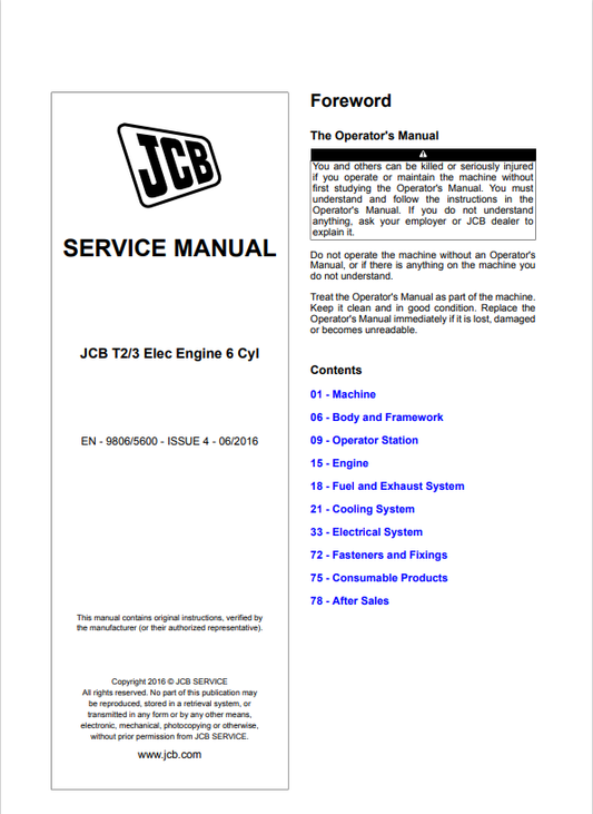 JCB T2, T3 Elec Engine 6 Cyl Service Manual 9806/5600 PDF